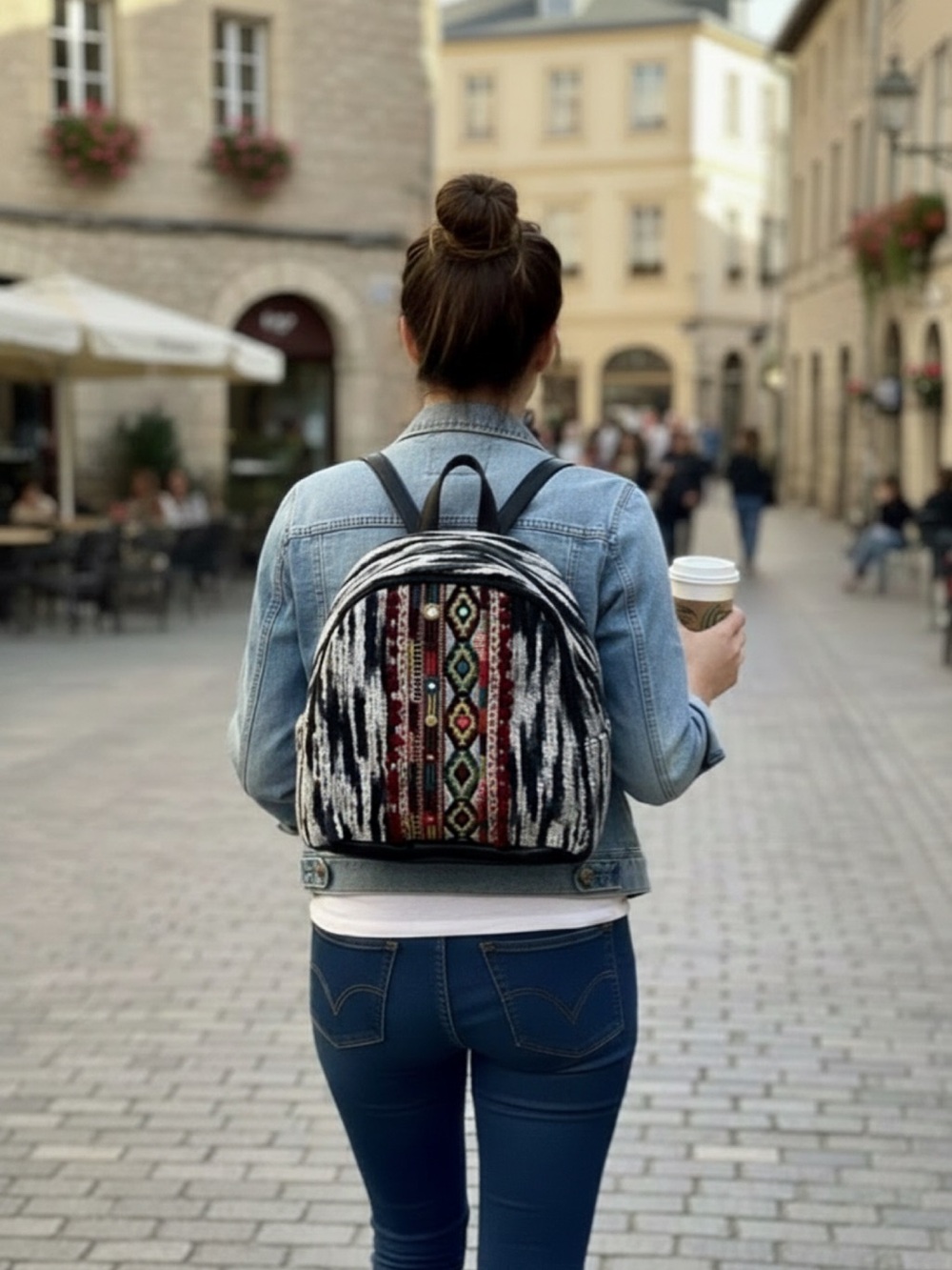 Woven Boho Mini Backpack - Black, White & Multicolor